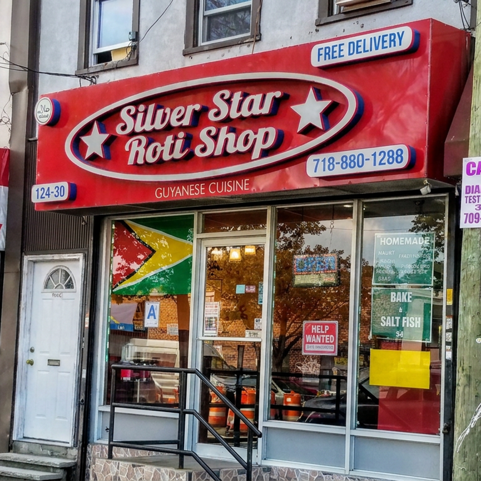 Streetfront of Silver Star Roti Shop, a Guyanese cuisine restaurant with red signage, storefront windows, and free delivery notice.
