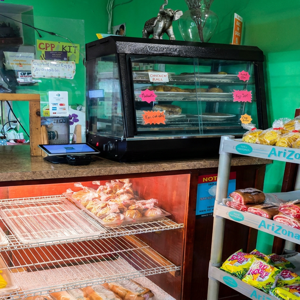 Colorful bakery counter displaying pastries, packaged breads, snacks, and savory items in glass cases and shelving.