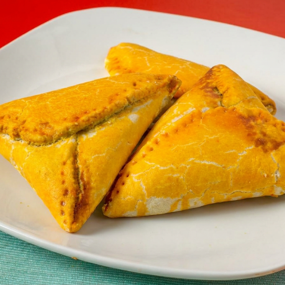 Three golden triangular pastries arranged on a white plate over a colorful pink and teal cloth.