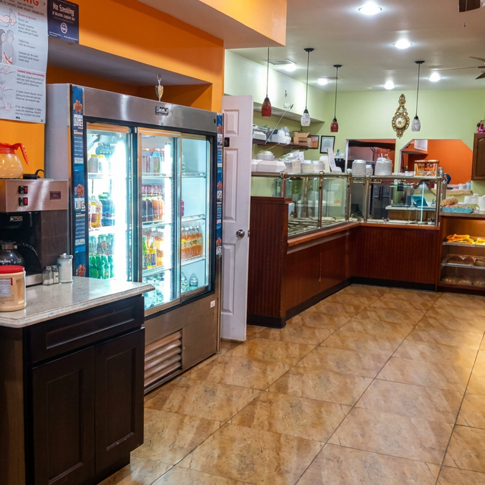 Bright restaurant interior with refrigerated drinks, pastry display cases, ATM, counter seating, and red booths.